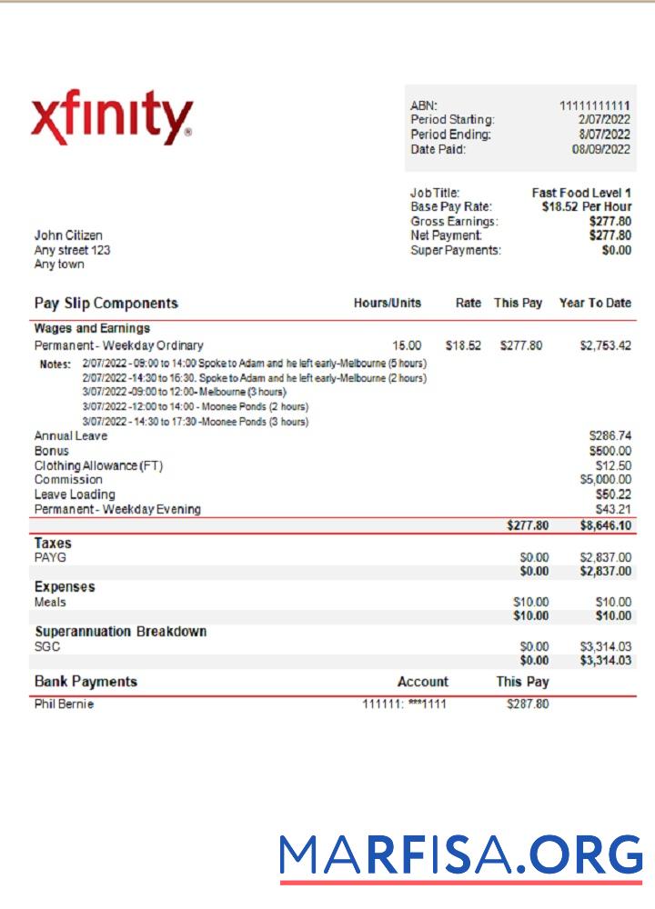 Blank USA Xfinity broadasting company pay stub example
